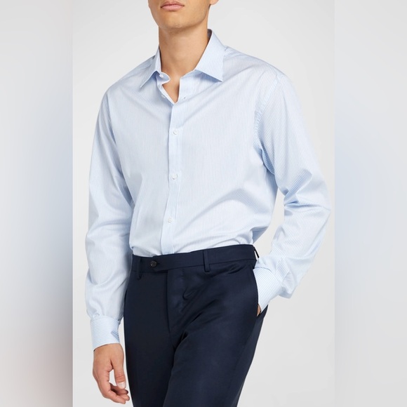 Loro Piana Other - Loro Piana White Sky Blue Pinstripe Men’s Dress Shirt Size 44 Luxury Classic Fit